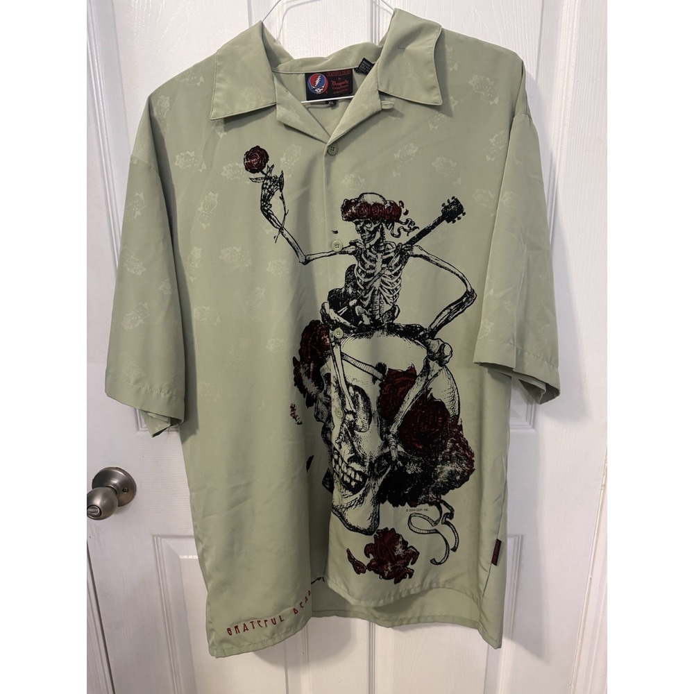 Vintage Grateful Dead Button Up Camp Shirt Green Skeleton Skull XL Dragonfly